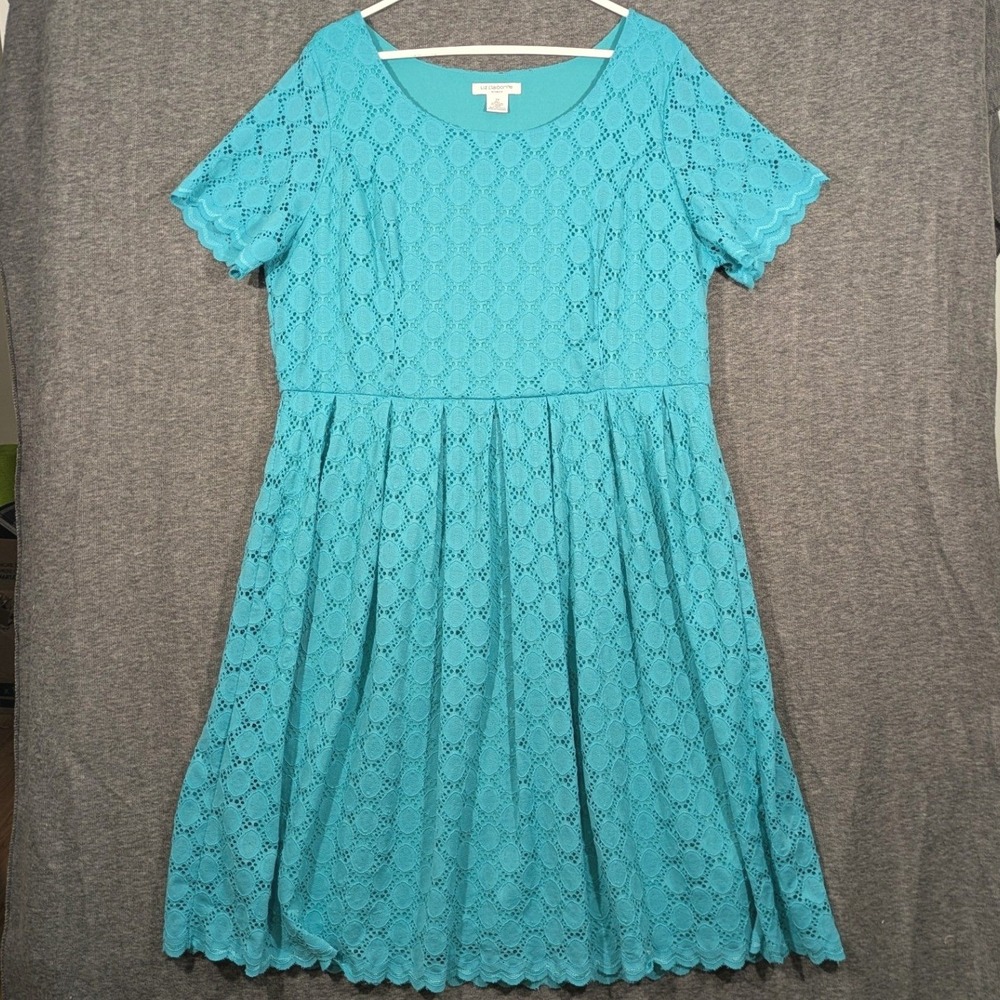 Liz Claiborne Turquoise Lace Fit Flare Dress Short Sleeve Scalloped Blue Sz 2X